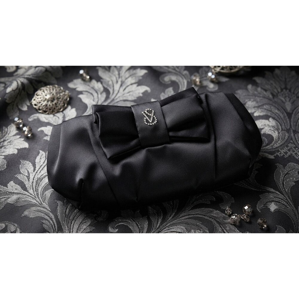 Victorias Secret Black Satin Bow Clutch Bag Rhinestone Embellished Evening Purse